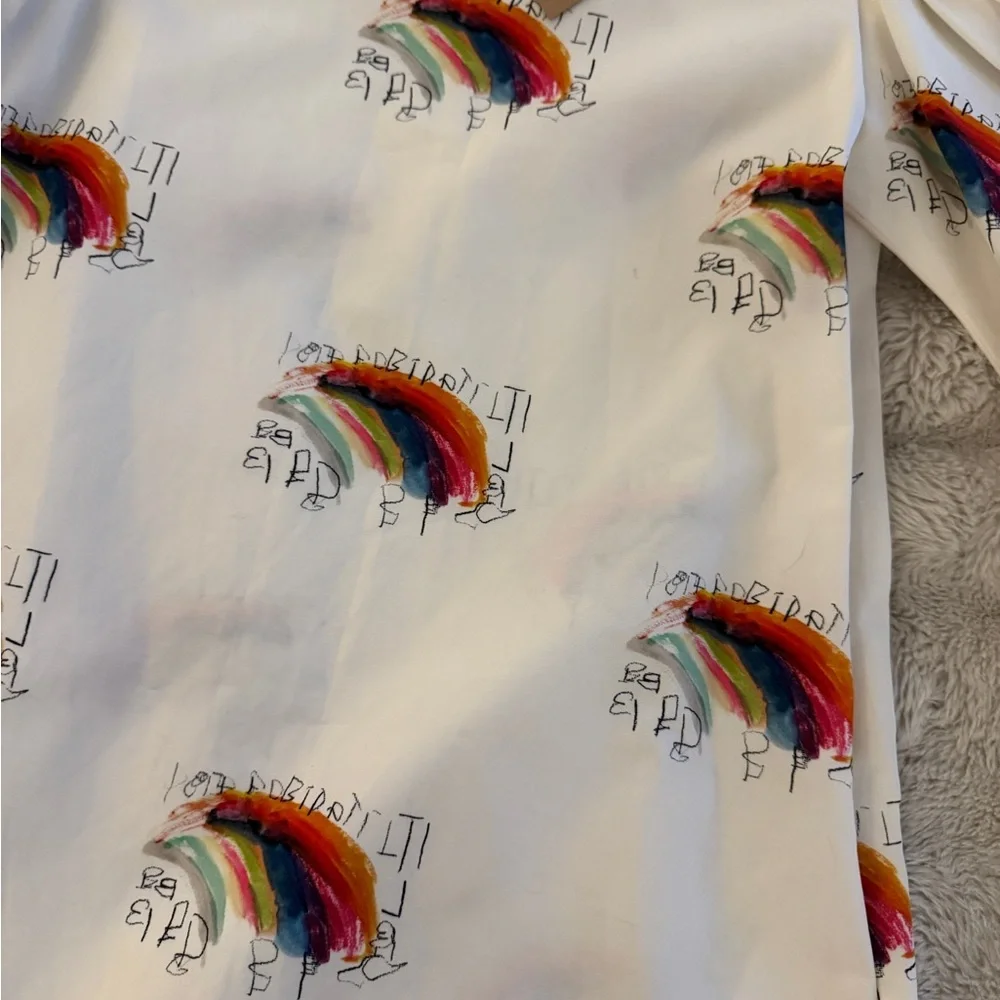 Girls' Rainbow Print Cream Dress with Puff Sleeves